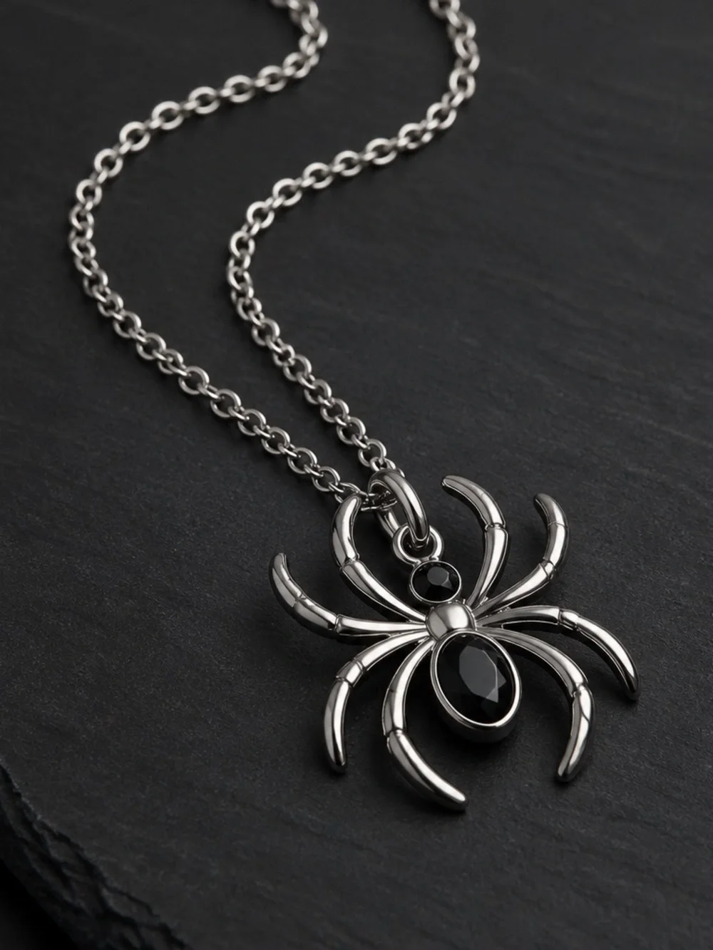 Sterling Spider Pendant Necklace with Black Stones - unisex